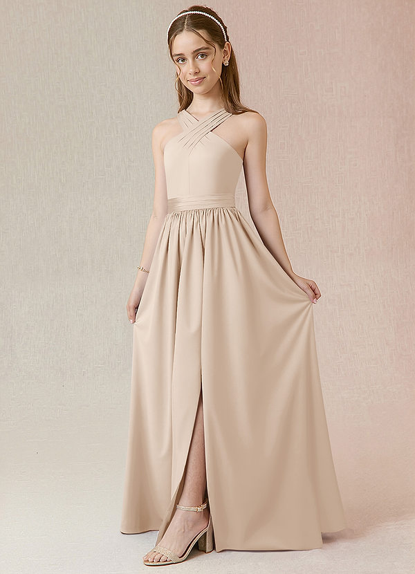 Azazie Jiya Junior White Alabaster A-Line Pleated Stretch Satin Dress image1