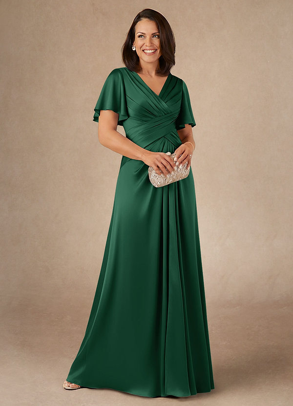 Azazie Emmeline Vestidos de Madre de la Novia Vestido de Verde Oscuro de Satén Elástico de Corte en A con Plisado image1