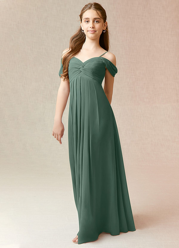 Azazie Kaitlynn Junior Vestido Musgo Marinho de Chiffon de Linha A com Fora do ombro image1