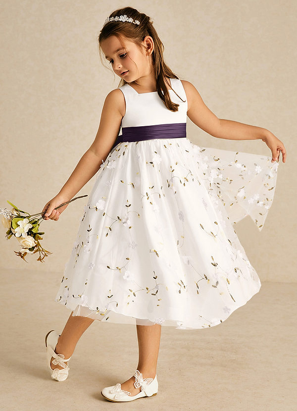 Azazie Pollie Vestidos de Niña de Flores Vestido de Marfil Ciruela de Tul de Corte En A con Lazo image1