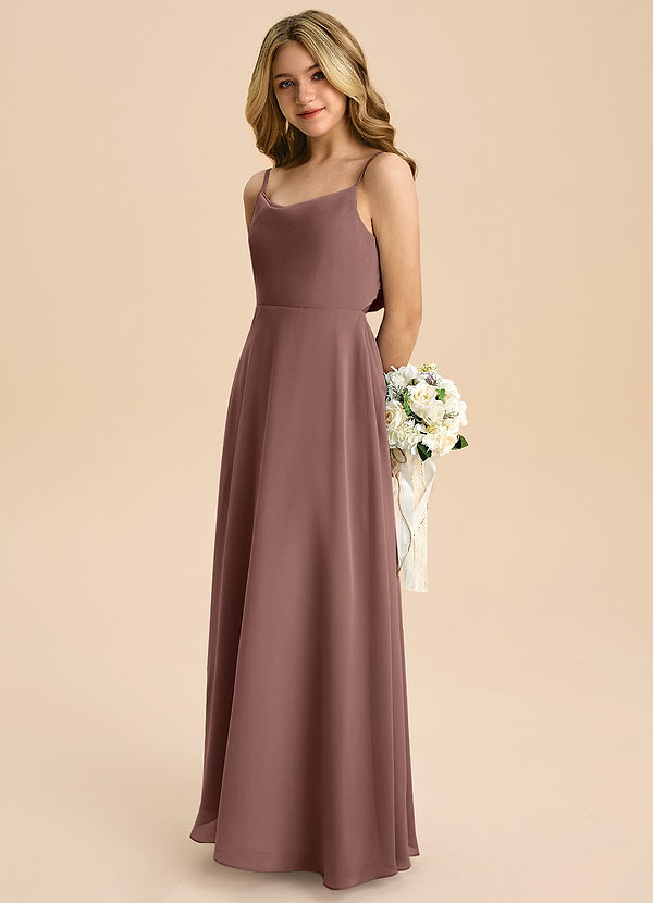 Azazie Shale Junior Espresso A-Line Bow Chiffon Dress image1
