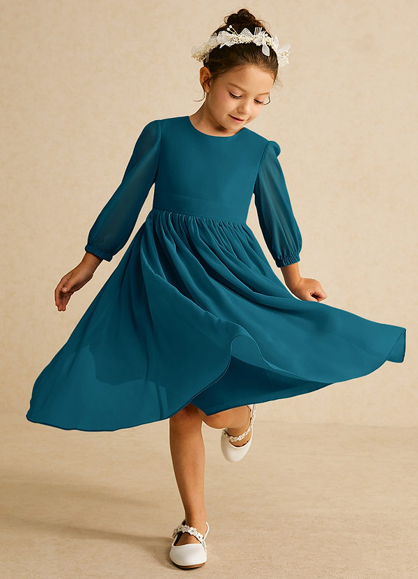 Azazie Lolo Flower Girl Dresses Ink Blue A-Line with Sleeves Chiffon Dress image1
