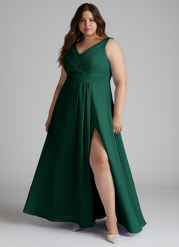 Azazie Karina Bridesmaid Dresses Emerald A-Line Pleated Chiffon Dress image1