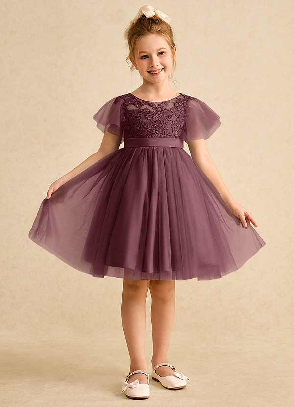 Azazie Queenie Robes de Fillette d'Honneur Robe Trapèze en Dentelle Sangria image1