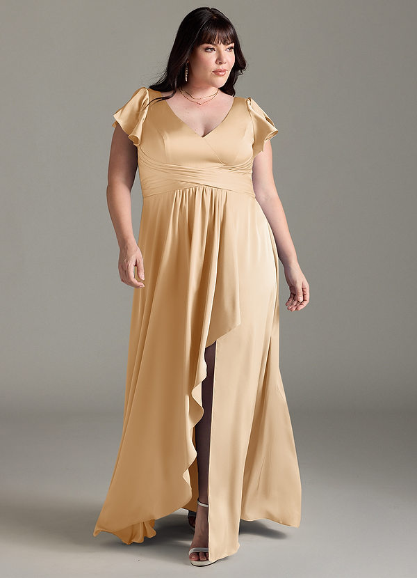 Azazie Omari Bridesmaid Dresses Gold A-Line Stretch Satin Dress image1