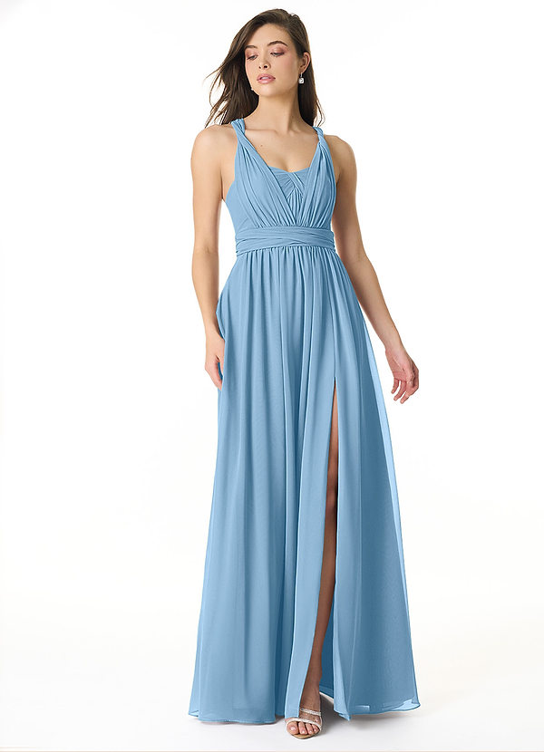 Azazie Olani Bridesmaid Dresses Steel Blue A-Line One Shoulder Chiffon Convertible Dress image1