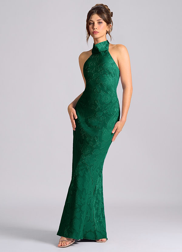 Azazie Velli Vestidos Dama de Honor Vestido de Esmeralda de Devorado Floral de Corte Sirena con Cuello Alto image1