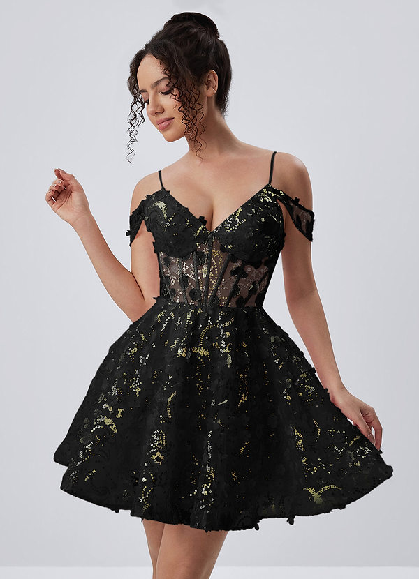 Kaelaniora Black Sequin Embroidery 3D Flowers Tulle Corset Mini Dress image1
