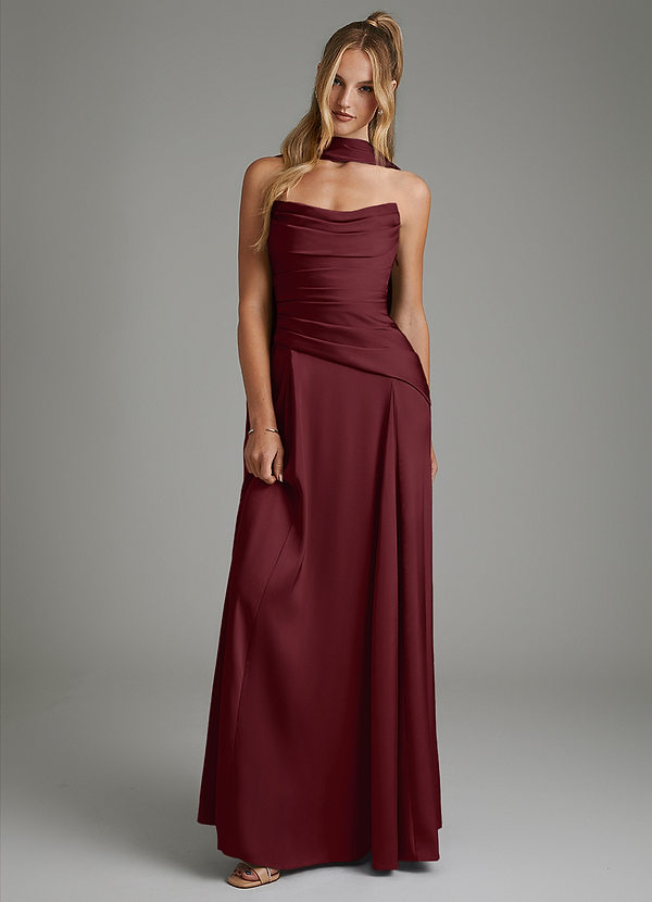 Azazie Gabriela Bridesmaid Dresses Cabernet A-Line Corset Stretch Satin Dress image1