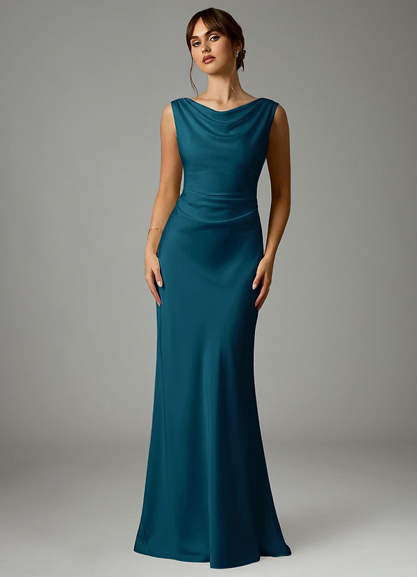 Azazie Kieryn Bridesmaid Dresses Ink Blue Mermaid Pleated Stretch Satin Dress image1