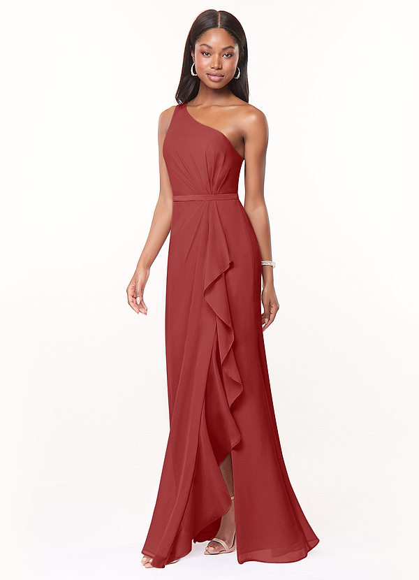 Azazie Liza Bridesmaid Dresses Rust Mermaid One Shoulder Chiffon Dress image1