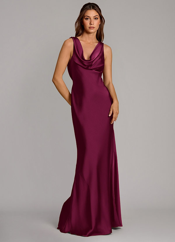 Azazie Cheryl Vestidos de dama de honor Vestido Ciruela Roja de Satén Elástico de Corte Sirena image1