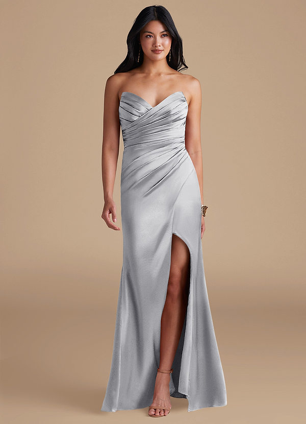 Azazie Yola Abiti da Damigella Abito Tubino in Raso Metallizzato Senza Cinturino Argento image1