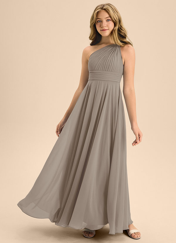 Azazie Charlize Junior Abito A-Line in Chiffon Plissettato Taupe image1