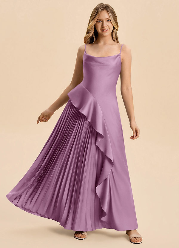 Azazie Lala Junior Wisteria A-Line Ruched Stretch Satin Dress image1