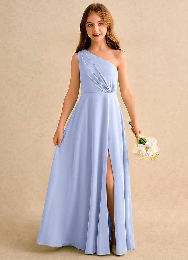 Azazie Puddles Girls Formal Robes de Fillette d'Honneur Robe Trapèze en Mousseline de soie Une épaule Eis image1