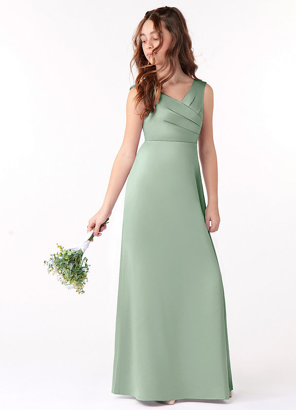 Azazie Sadia Junior Agave A-Line Pleated Stretch Satin Dress image1