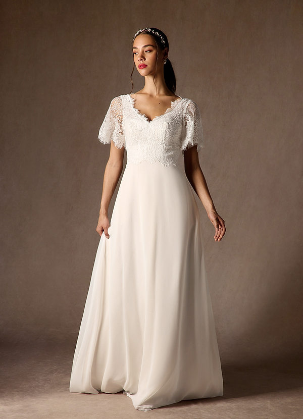 Azazie Veradis Robe de Mariée Robe Trapèze en Mousseline de soie Col V dentelle Diamant Blanc Champagne image1