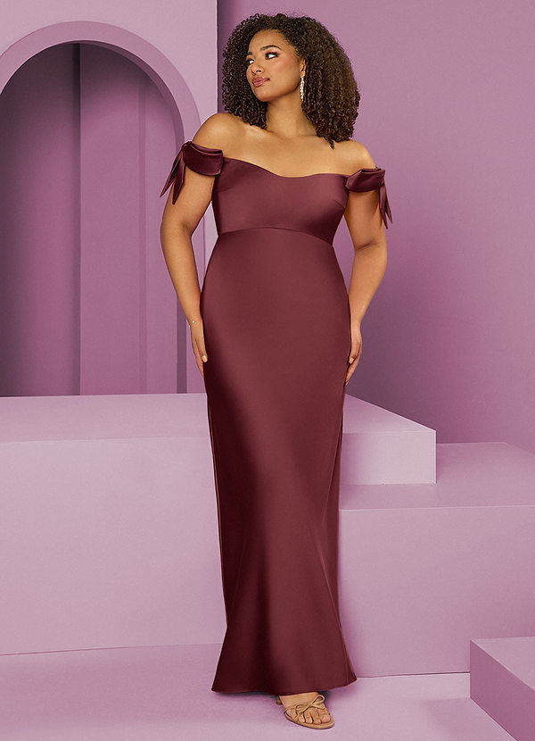 Barbie ♥ Azazie Vestidos Dama de Honor Vestido de Merlot de Satén Elástico de Corte Recto Convertible con Vestidos sin tirantes image1