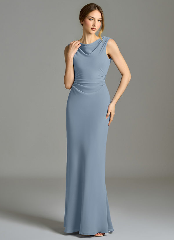 Azazie Kieryn Bridesmaid Dresses Dusty Blue Mermaid Pleated Chiffon Dress image1