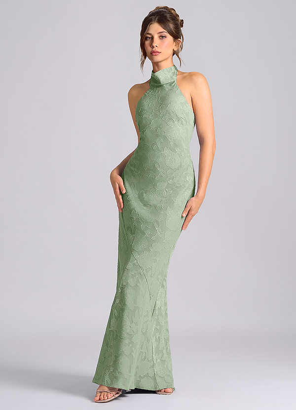 Azazie Velli Bridesmaid Dresses Dusty Sage Mermaid High Neck Floral Burnout Dress image1