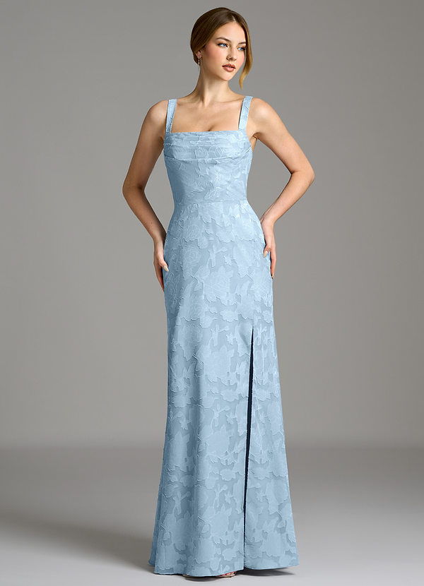 Azazie Brandi 신부 들러리 드레스 인어 주름진 플로럴 번아웃 바닥 길이 드레스 image1