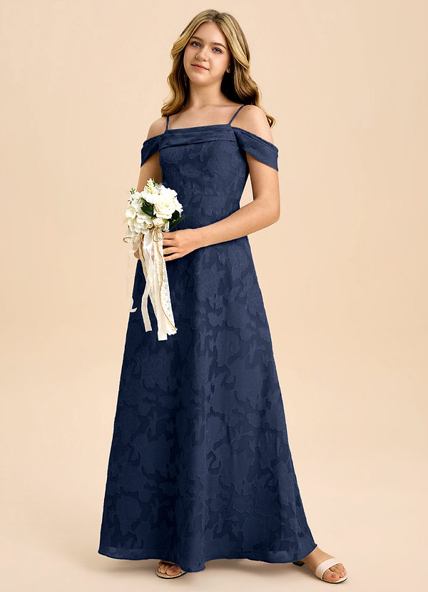 Azazie Anselie Junior Dark Navy A-Line Off the Shoulder Floral Burnout Dress image1