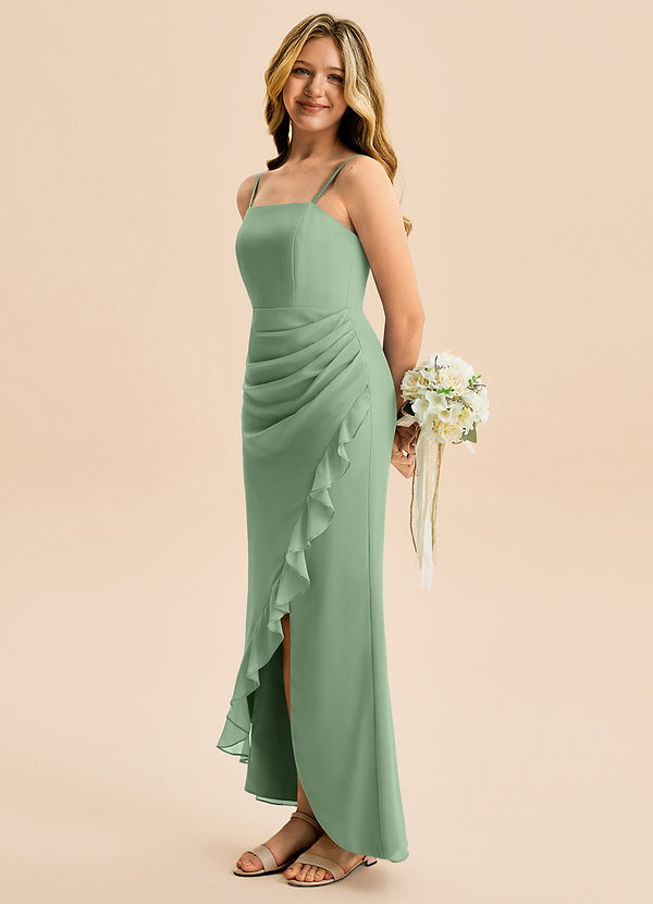 Azazie Buzzy Junior Matcha Sheath Pleated Chiffon Dress image1