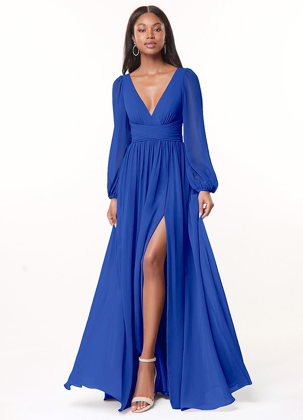 Azazie Norah Brautjungfernkleider A-Linie Lange Ärmel mit V-Ausschnitt Chiffon Kleid Königsblau image1
