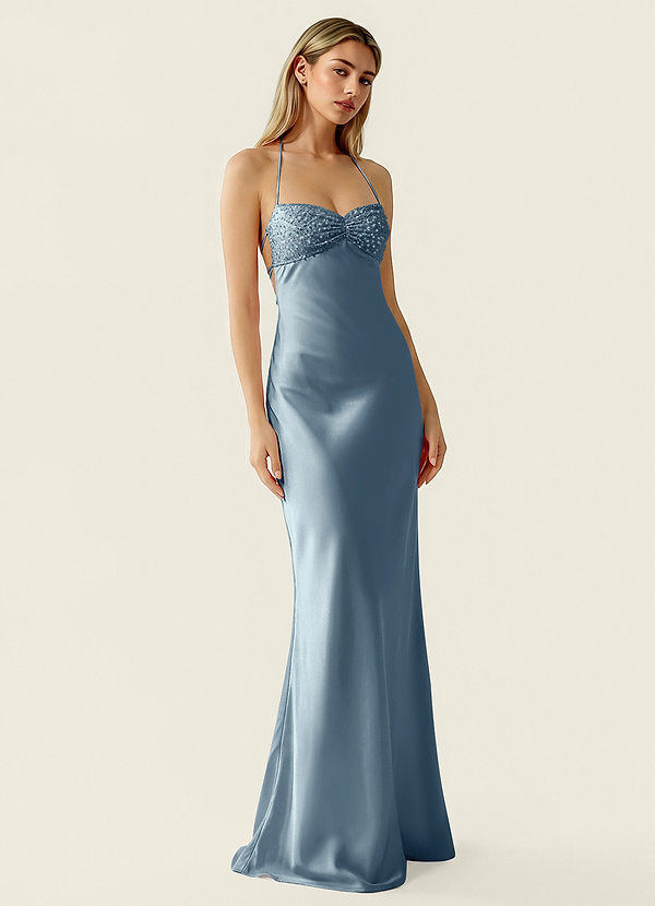 Valerianaire Pó Azul Vestido de baile de cetim com aplicações de miçangas image1
