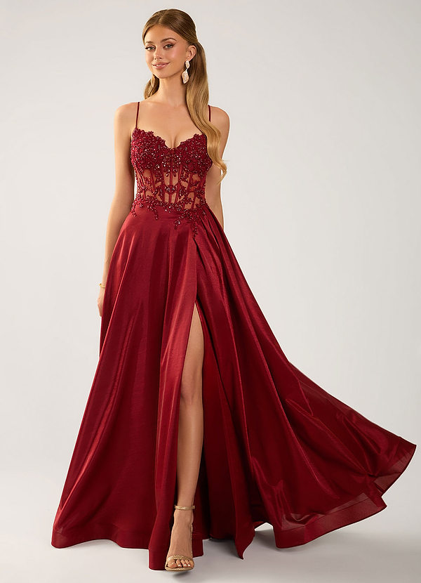 Isoldemark Burgundia Suknia balowa z satyny z haftem i koralikami image1