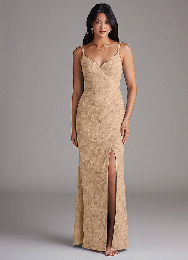 Azazie Leo Bridesmaid Dresses Champagne Sheath Pleated Floral Burnout Dress image1