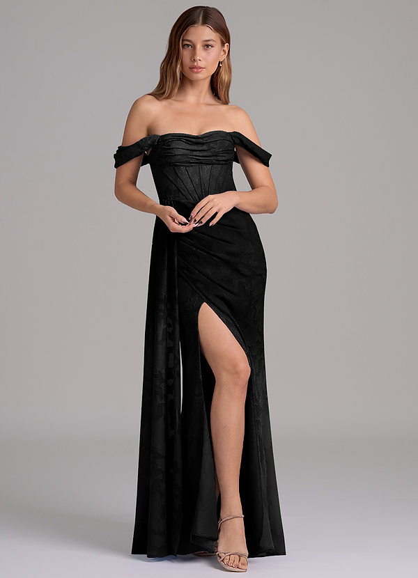 Azazie Amyra 신부 들러리 드레스 인어 오프 더 숄더 플로럴 번아웃 바닥 길이 드레스 image1