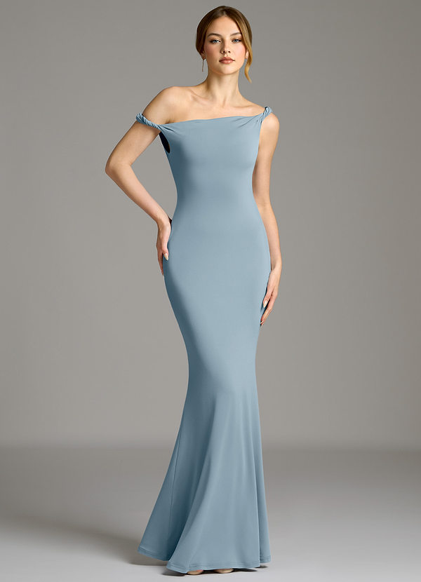 Azazie Shantal Bruidsmeisjes Jurken Jurk van Hoogwaardige stretchjersey met Zeemeermin Off the Shoulder Stoffig Blauw image1