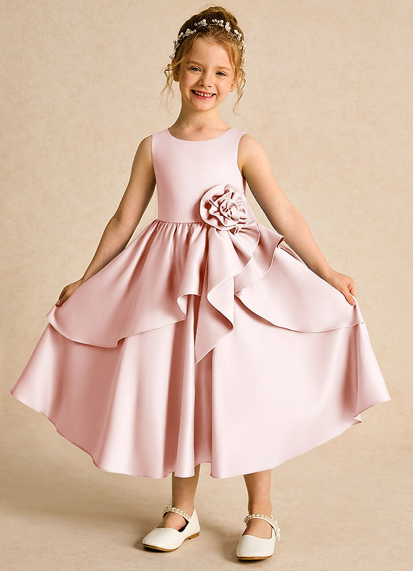 Azazie Hermia Robes de Fillette d'Honneur Robe Trapèze en Mat Satiné Sans manches Rose Pâle image1