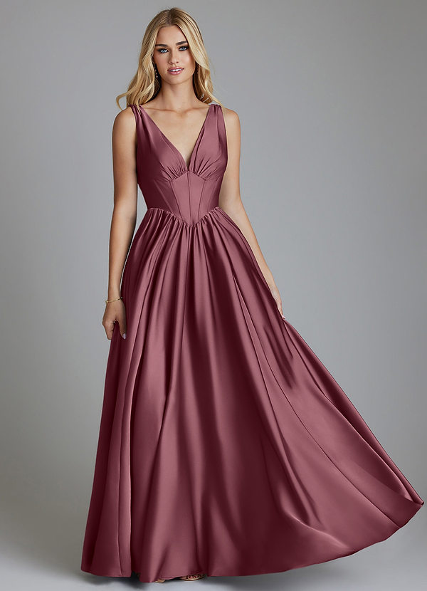 Azazie Delmie Vestidos de dama de honor Vestido Rosa Del Desierto de Satén Elástico de Línea A con Corsé image1