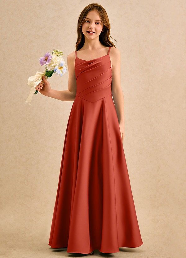 Azazie Coconut Girls Formal Flower Girl Dresses Rust A-Line Pleated Stretch Satin Dress image1