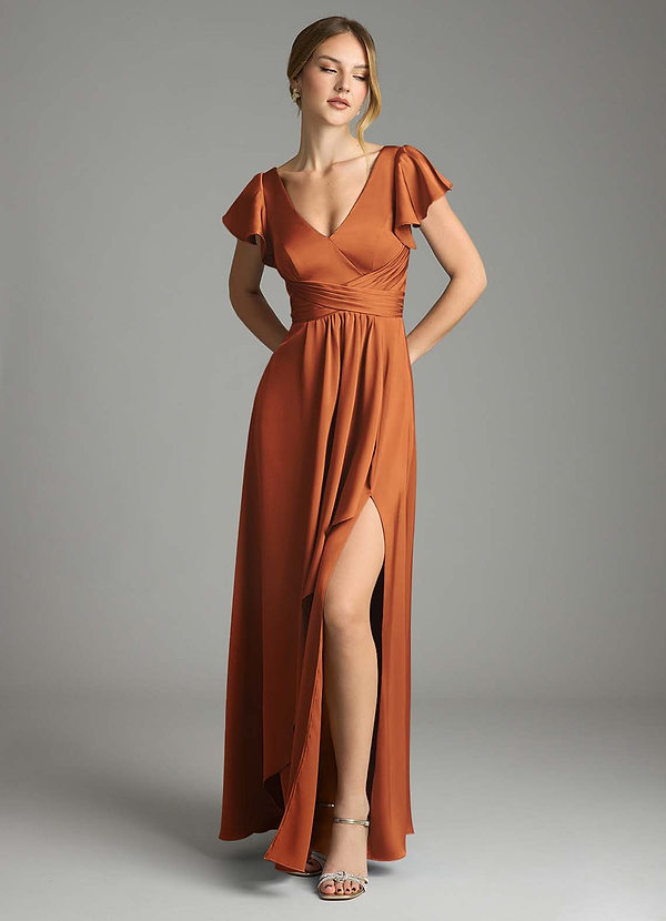 Azazie Omari Bridesmaid Dresses Cinnamon A-Line Stretch Satin Dress image1