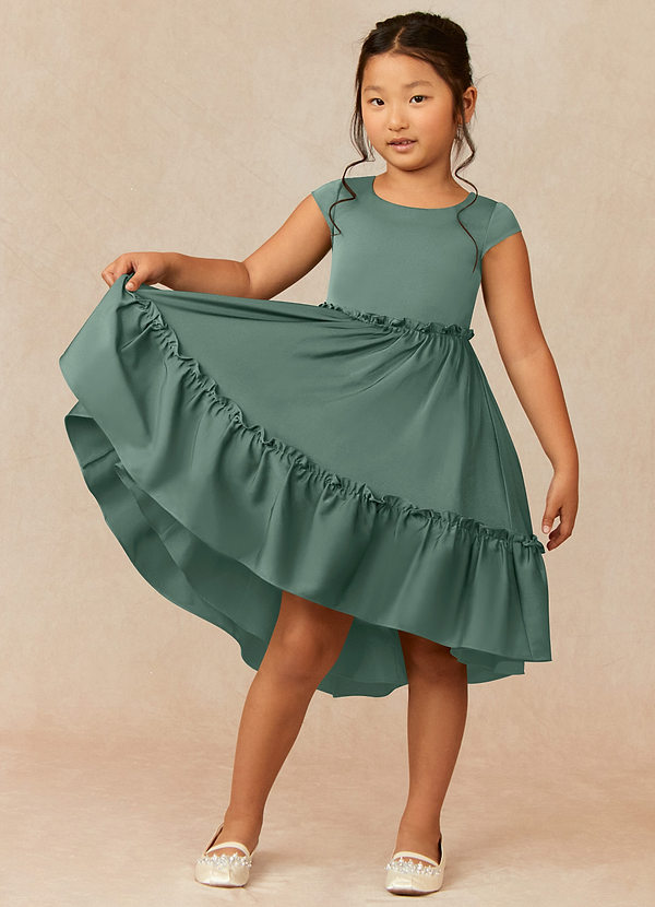 Azazie Lee Flower Girl Dresses Eucalyptus A-Line Bow Stretch Satin Dress image1