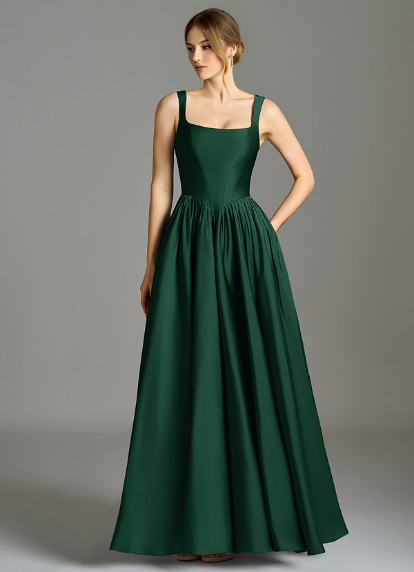 Azazie Verina Bridesmaid Dresses Dark Green A-Line Pleated Stretch Satin Dress image1