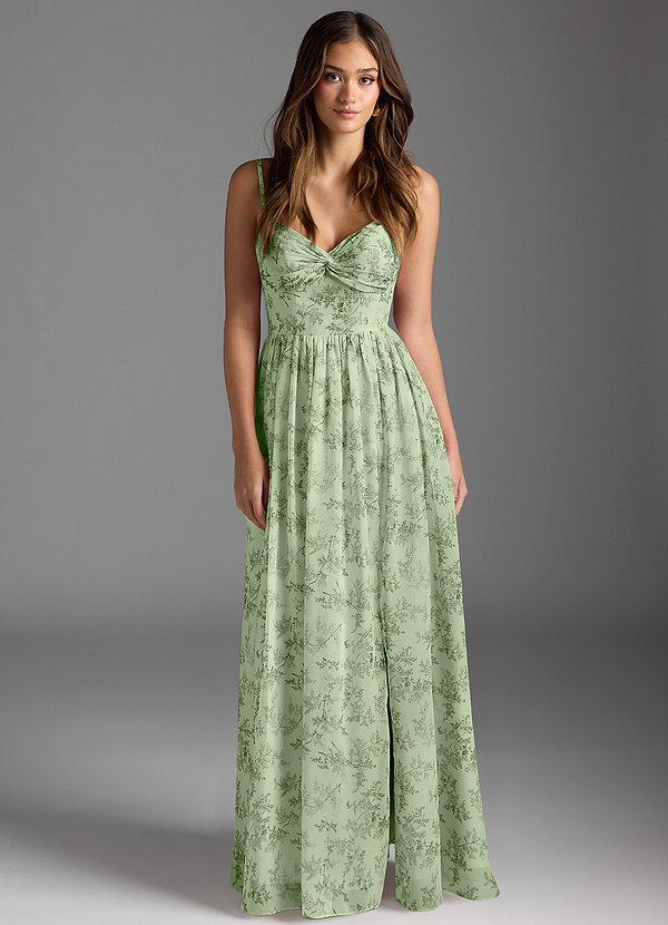 Azazie Zeya Bridesmaid Dresses Green Fern Floral Flowy V-Neck Pleated Chiffon Dress image1