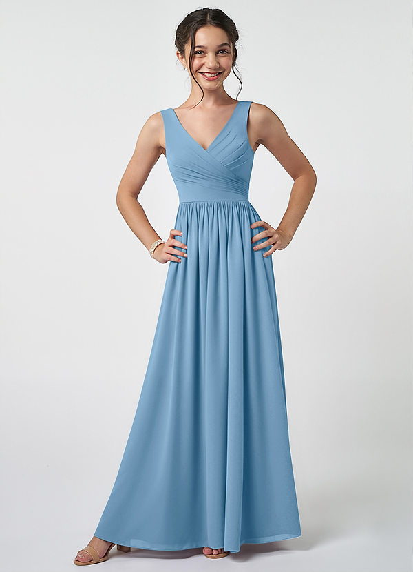Azazie Keyla Junior Abito A-Line in Chiffon Plissettato Blu Acciaio image1
