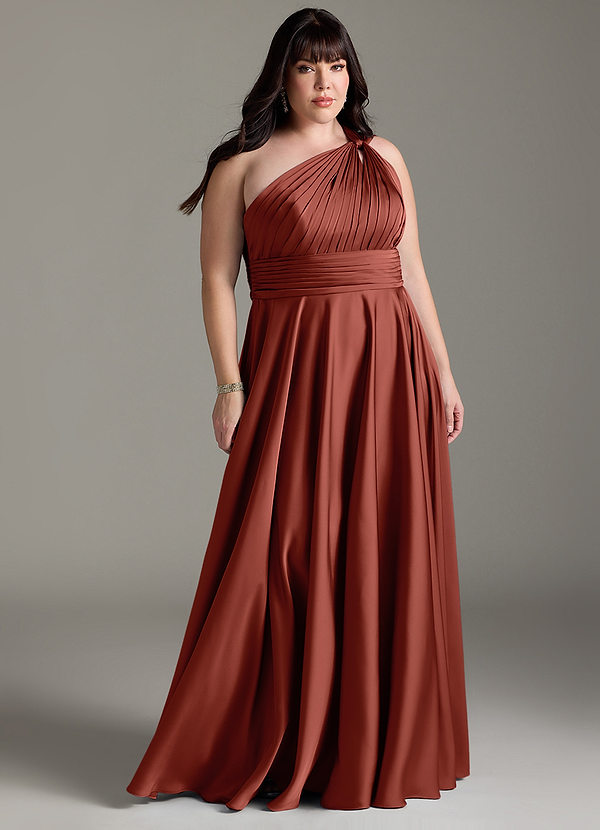 Azazie Charlize Robes Demoiselle d'honneur Robe Trapèze en Satin extensible Ue épaule Terracotta image1
