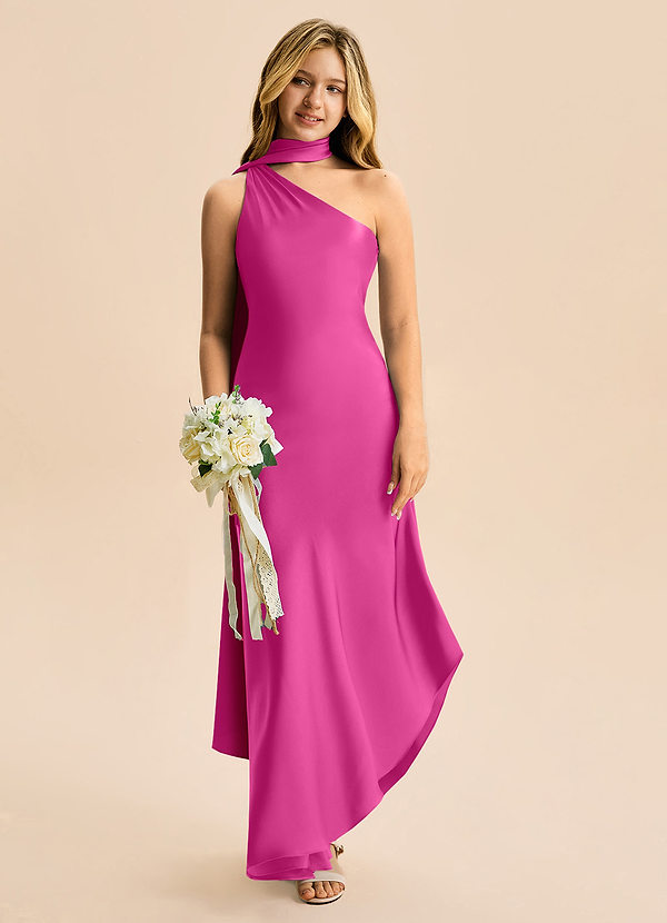 Azazie Briony Junior Etui Plissee Stretch-Satin Kleid Fuchsia image1