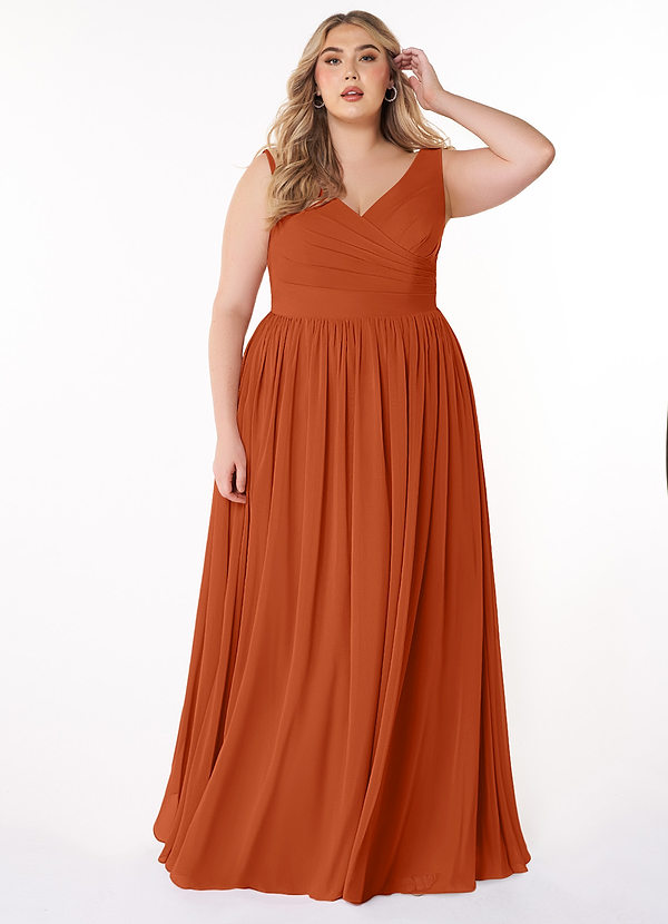 Azazie Keyla Bridesmaid Dresses Burnt Orange A-Line V-Neck Pleated Chiffon Dress image1