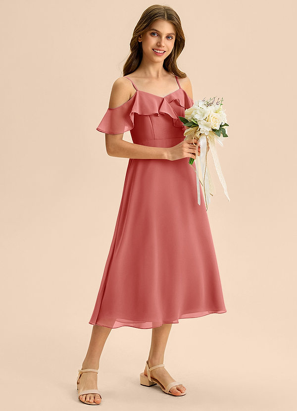 Azazie Kamilla Junior Abito A-Line in Chiffon a Spalla Scoperta Rosa Antica image1