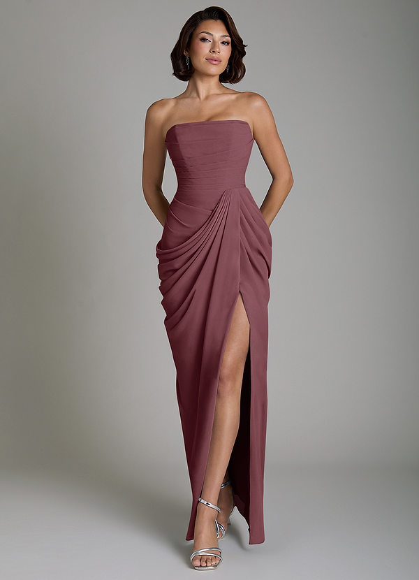 Azazie Nyra Bridesmaid Dresses Sangria Sheath Corset Chiffon Dress image1