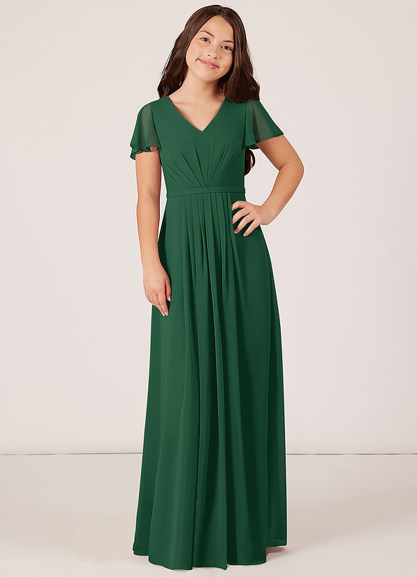 Azazie Peony Junior Robe Trapèze en Mousseline de soie Plissée Vert Foncé image1