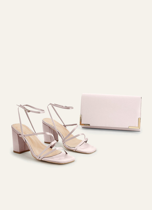 front Matching Color Matte Satin Ankle Strap Block Heel Sandals & Envelope Clutch Set