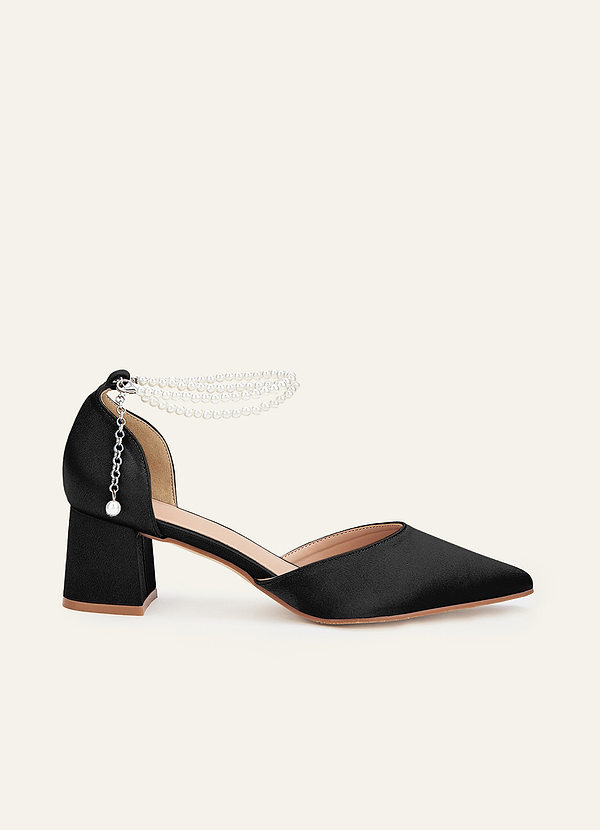 front Matching Color Metallic Satin Pearl Strap Pointed Toe Block Heels